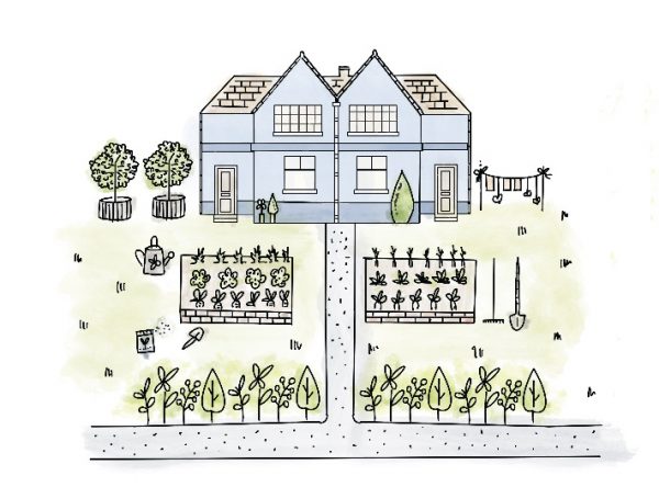 Casa bifamiliare con giardini e orti, siepe sul perimetro