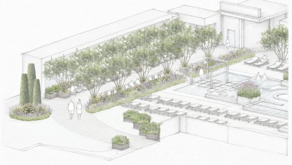 Progetto di giardino contemporaneo per hotel ad Abano Terme con piscina e bordure