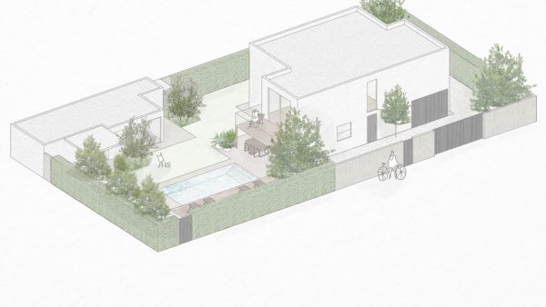 Progettazione giardino moderno per villa a Riva del Garda, Lago di Garda – vista assonometrica del masterplan con piscina e area outdoor