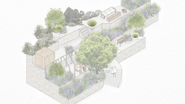Render di un giardino terrazzato con vegetazione mediterranea e zona relax, progettato da Opuntia – studio di progettazione giardini tra il Trentino-Alto Adige e il Lago di Garda.