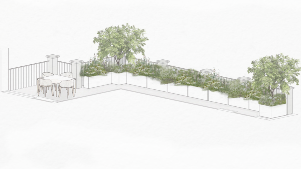 Render di progettazione terrazzo a Trento con dry garden in fioriere su misura
