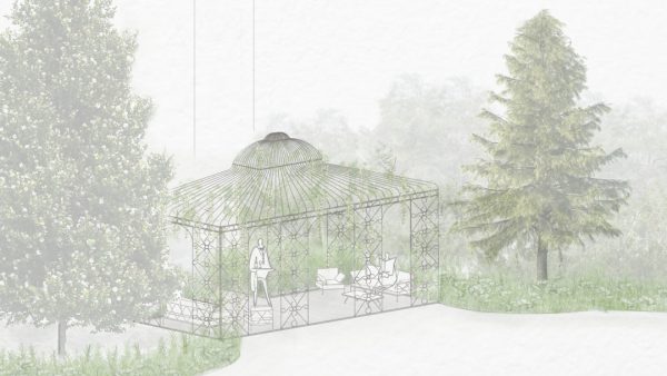 Render di un giardino progettato da Opuntia per un hotel, con un gazebo in ferro battuto in stile liberty immerso nel verde.