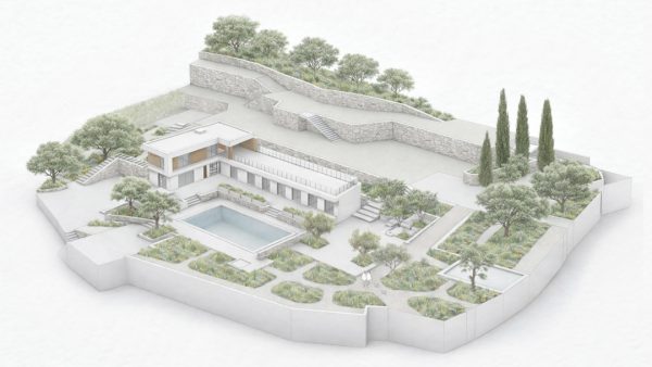 Progetto di giardino dry garden a Riva del Garda sul Lago di Garda con villa, piscina e terrazzamenti in stile mediterraneo