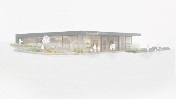 Render estivo della progettazione degli spazi esterni per pizzeria a Baselga di Pinè (TN), Trentino-Alto Adige, con bordure perenni in stile dry garden e palette giallo, verde e bianco.