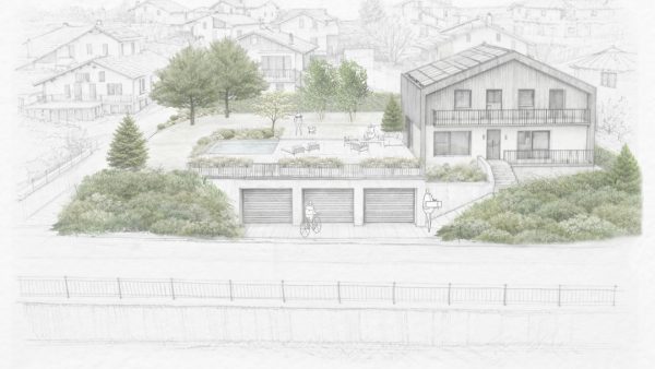 Prospettiva di giardino contemporaneo in montagna nel Trentino Alto Adige con terrazza sopra garage e bordure strutturate